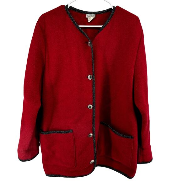 Vintage L.L. Bean Boiled Wool Jacket Coat 70s Austria Pockets Red Black Large - Picture 2 of 7